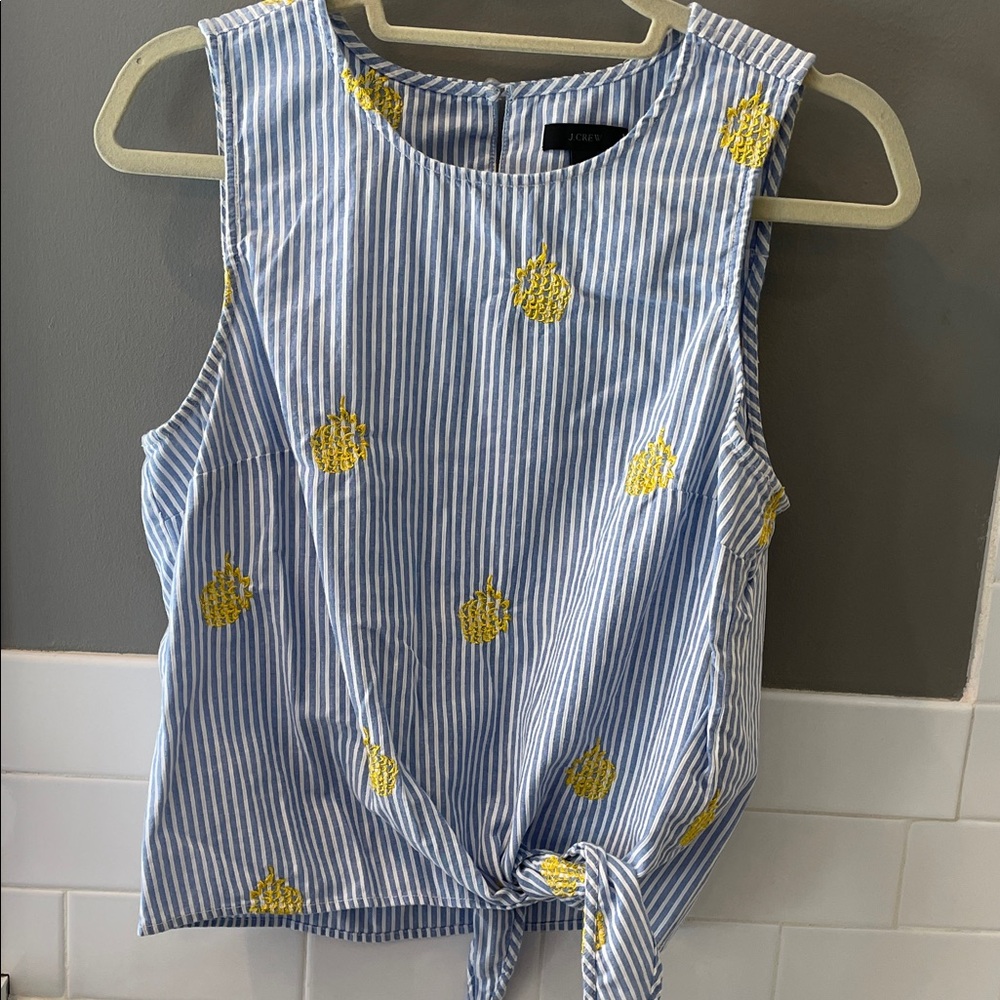 J. Crew Blue and White Striped Top with Yellow Embroidery